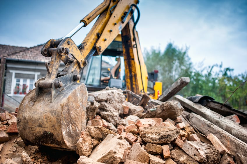 Demolition costs-Hydraulic crusher excavator backoe machinery working on site demolition
