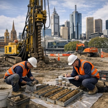 Geotechnical drilling rig operating on a Melbourne CBD construction site with engineers collecting soil samples