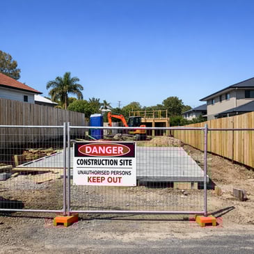 Brisbane residential construction site with security and timber boundary fencing installed around the perimeter