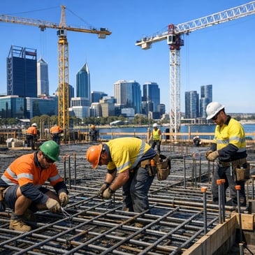 Steel fixers tying rebar on a Perth commercial construction site with cranes and city skyline in the background