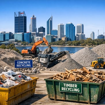 Modern construction waste disposal site in Perth with skip bins, recycled concrete and city skyline