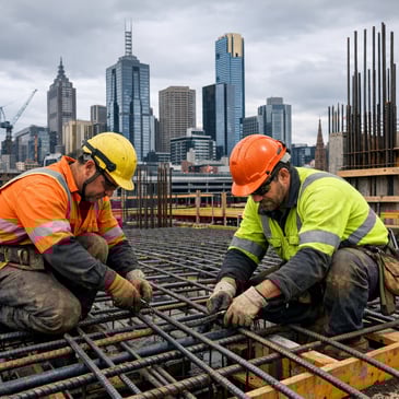 Steel fixers tying reinforcement bars on a commercial construction site in Melbourne