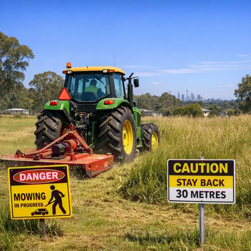 A tractor with a slasher attachment cutting long grass on a semi-rural Sydney block