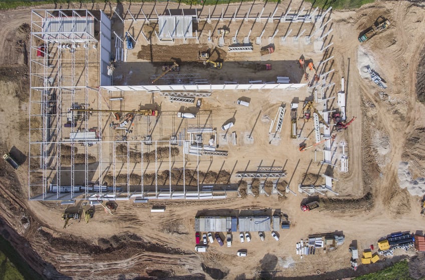 Aerial view of a construction site taken from a drone